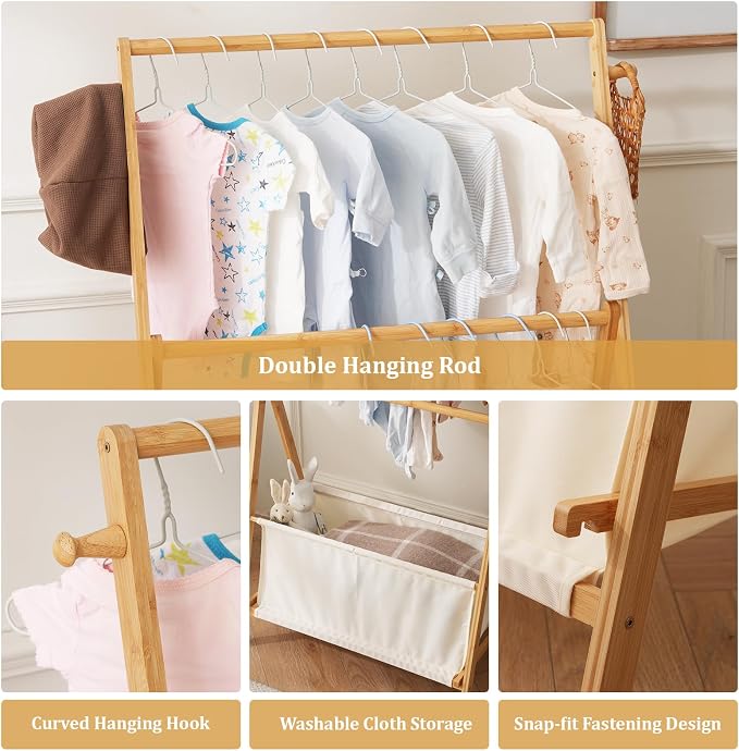 Baveke Montessori Bamboo Clothing Rack for Toddlers - Foldable Kids Wardrobe Organizer with Storage Basket, Nursery Clothes Storage Rack for Small Spaces, Sustainable & Easy Assembly
