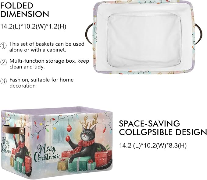 Christmas Cat Storage Basket with Waterproof Liner and PU Handles Xmas Bells Winter Kitty Snowflake Storage Bins Boxes 14.2" Collapsible Decorative Organizer Baskets for Bedroom Closet Office 1 Pack