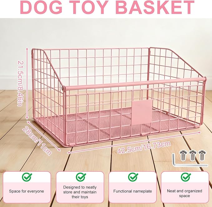 Penitue Indestructible Dog Toy Basket, 42.5x28x21.5cm/16.7x11x8.5in Metal Dog Toy Storage Bin Organizer for Living Room Area (Pink)