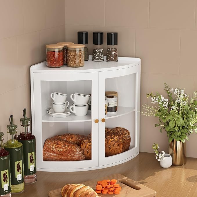 Trironsun Fan Shape Corner Bread Box for Kitchen Counter Double Layer Large Bread Storage Container with Acrylic Doors Farmhouse Wooden Bread Box Organizer for Homemade Bread (White)