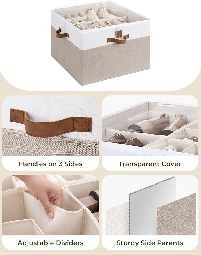 StorageWorks 16-Pair Fabric Shoe Storage Box for Closet, Brown and White | Adjustable Dividers, Holds up to 16 Pairs, Foldable, Clear Lid, Soft Handles, Fits Sneakers, Sandals & Flats, For Mudroom