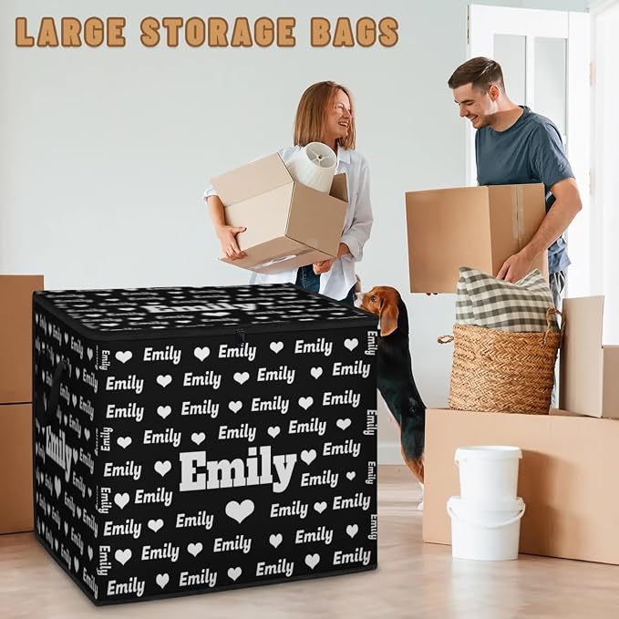 Custom Extra Large Storage Baskets Named with Lid, Personalized Storage Bins Basket Boxes Handles for Clothes Blanket Bedroom Closet Organizing Toys Shelves, Solid Black with Love Heart