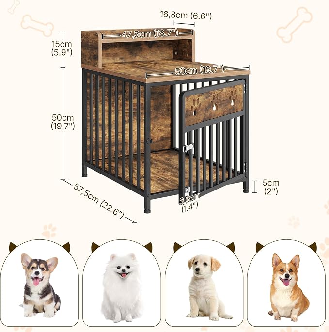 YATINEY Dog Crate Furniture, Wooden Dog Kennel with Storage, Indoor Pet Crate End Table, Two-Tier Small Dogs House, Chew-Proof, for Living Room, Bedroom, Black and Rustic Brown DC01BR