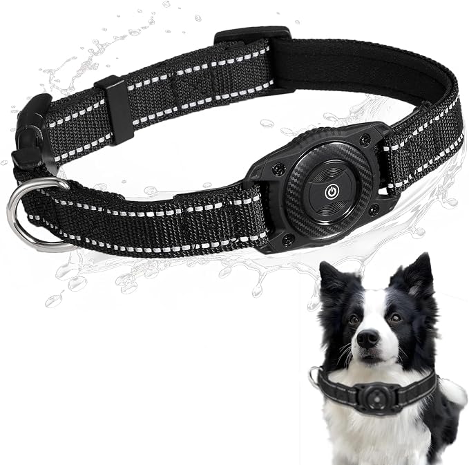 Air Tags Dog Collar, Waterproof Pet Collar with Air-Tag Chip for Apple Find My (iOS only) (Black, M)