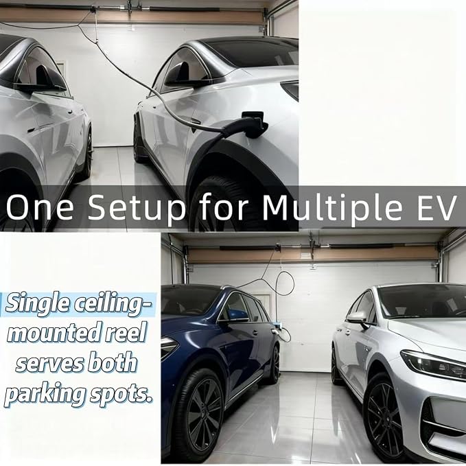 EV Charger Retractable Cord Reel, Sliding Ceiling Cableway, Overhead EV Charging Cable Organizer for 2-Car Garage, 6.6 ft Reach, Tesla NACS & J1772 Compatible