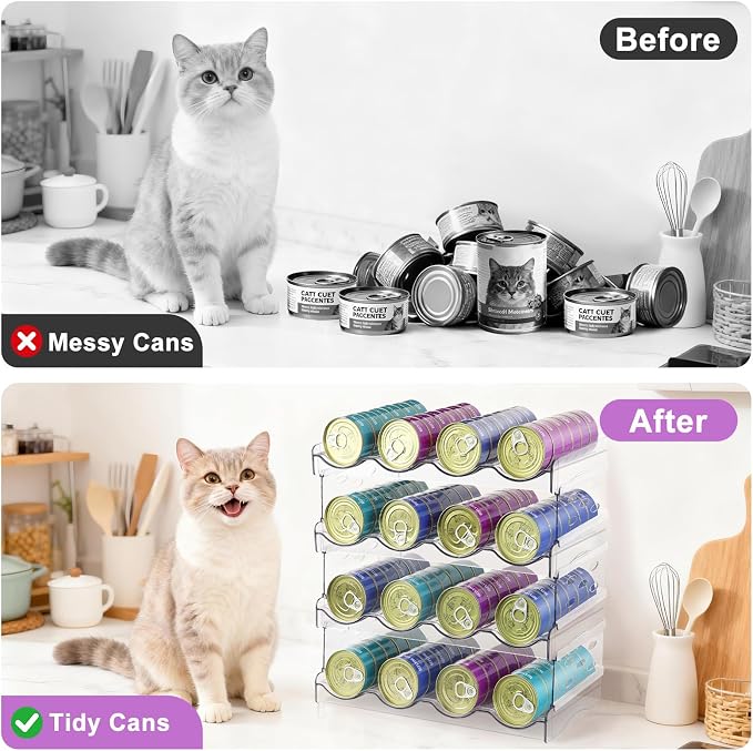 REFLYING Cat Food Can Organizer 4-Tier Holds 96 Cans Acrylic | Clear acrylic 4-tier cat food can organizer,Holds 96 cans 3oz-12.5oz,Stackable pantry storage for multi-cat households