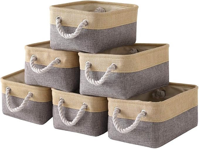 Storage Baskets for Organizing - 11.8x7.8x5.2 inch Small 6 Pack Storage Bins for Shelve, Farbic Storage cubes Organizer for Baby Toys Nursery (Gold & Grey)