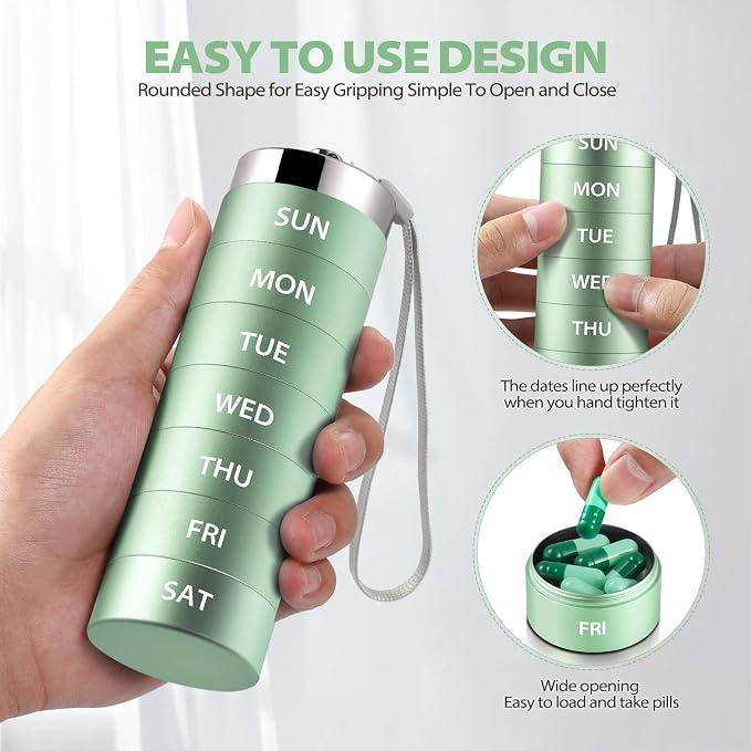 Metal Travel Pill Organizer, Portable Weekly Pill Box, 7 Day Pill Container | OUVBTX Aluminum Alloy Pill Case, Large, Waterproof, Stackable, Medicine Holder for Vitamin, Fish Oil, Supplement, Green