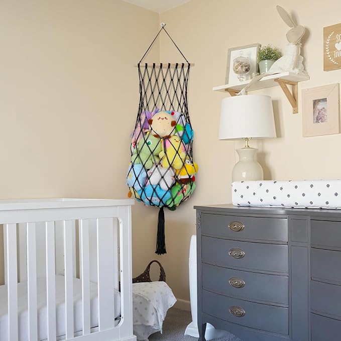 68 Inch Stuffed Animal Storage Net Corner Stuffy Hammock,Black | Boho Macrame Large Toy Hammock for Stuffed Animals Organizer,Wall Ceiling Over Door Stuffy Storage Holder,Nursery Room Decor