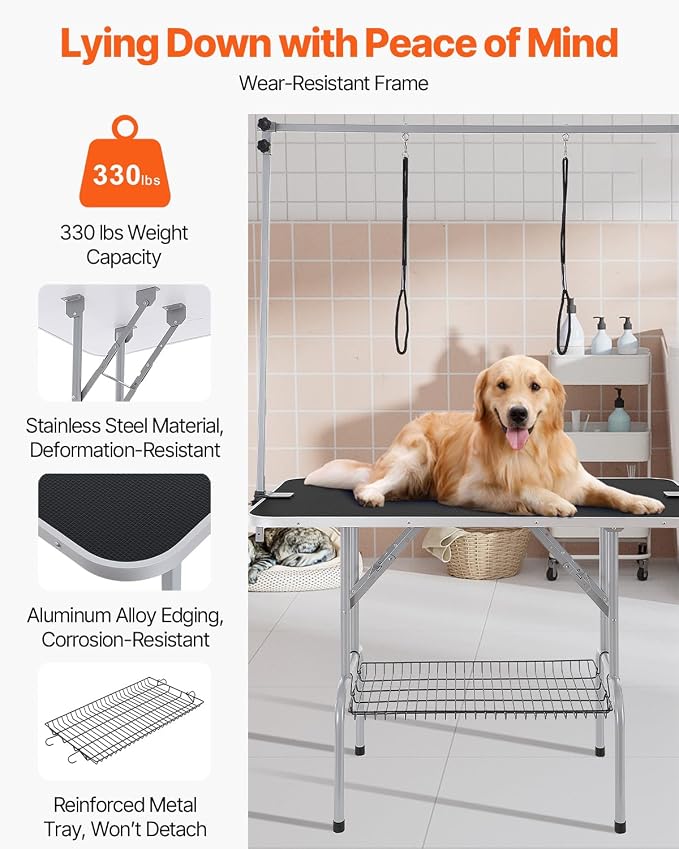 VEVOR Pet Grooming Table, 46 Inch Grooming Station with 2 Height Adjustable Arms, 330LBS Static Load Capacity, Foldable Dog Groom Station with No-Sit Haunch Holder with Loop, for Medium/Small Dogs