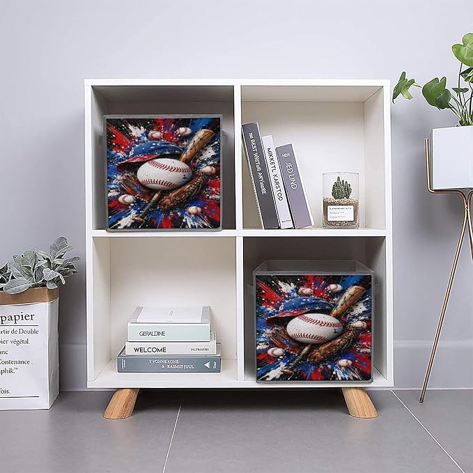 Baseball Bat Ball Glove Hat Storage Bin with Handles, Oxford Fabric Foldable Storage Cube Organizer for Clothes, Towels, Bedroom, Living Room, Home Organization