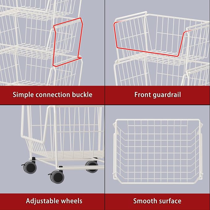 PUSDON 4-Tier Large Stackable Wire Storage Baskets with Wheels, Metal Rolling Utility Cart Organizer, Produce Basket for Kitchen Pantry, Floor Shelf, Classic White