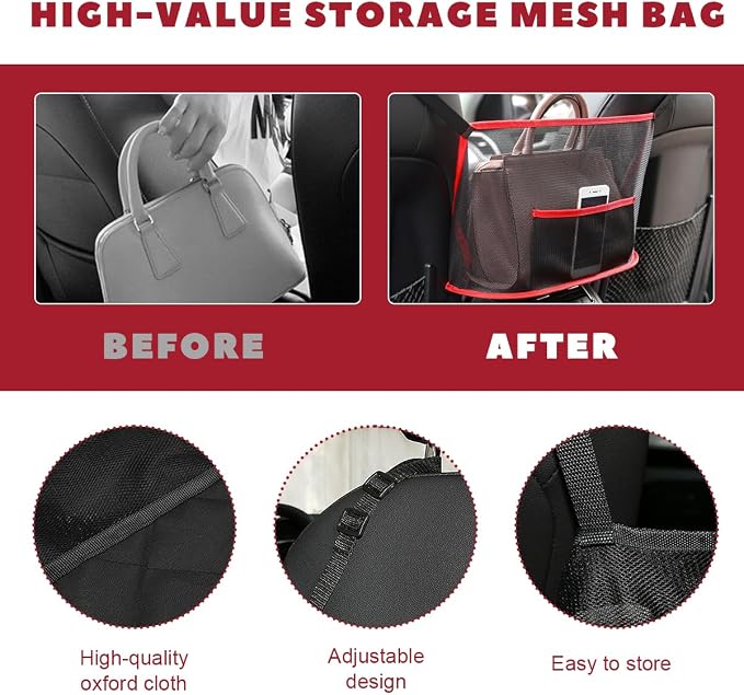 Car Net Pocket Handbag Holder, Driver Storage Netting Pouch Between Seats, Large Capacity Seat Back Organizer Mesh Pocket for Purses and Bags, Auto Backseat Pet Kids Barrier (Black & Red)