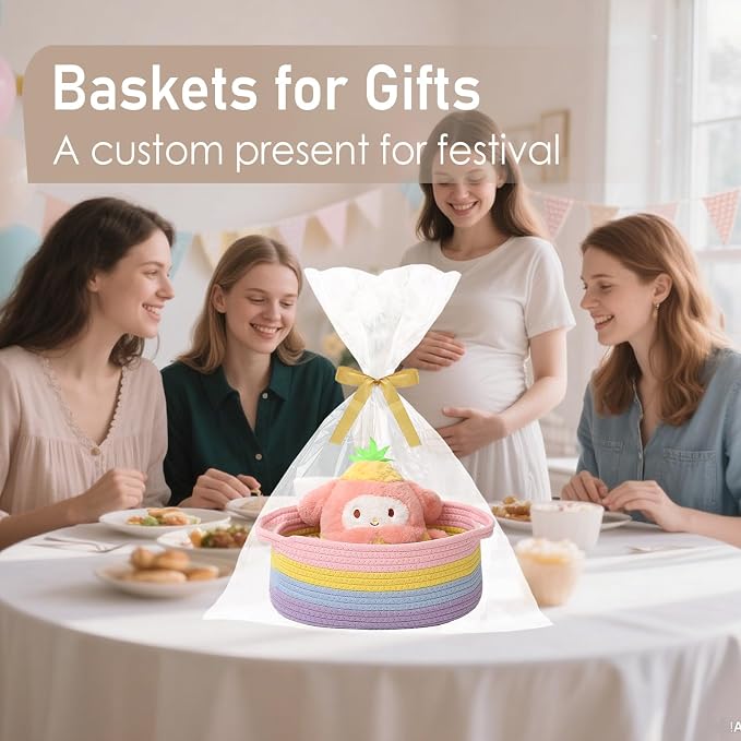 JMvicyroam Small Woven Basket, Empty Gift Basket, Rainbow/1 Pack | Small Gift Basket, Cotton Rope, 12 x 8 x 51 in, Handles, Includes Ribbon and Bag, Birthday Gift Basket