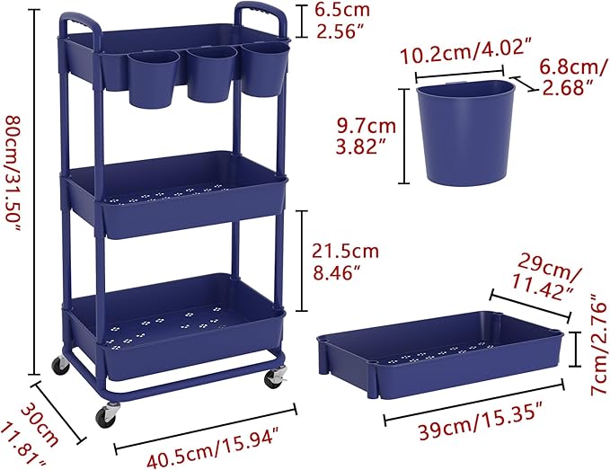 3-Tier Plastic Rolling Storage Cart Utility Cart Blue | Utility Cart with Extra Hanging Cups Arc-Shaped Handles Lockable Wheels for Living Room Bathroom Kitchen Office