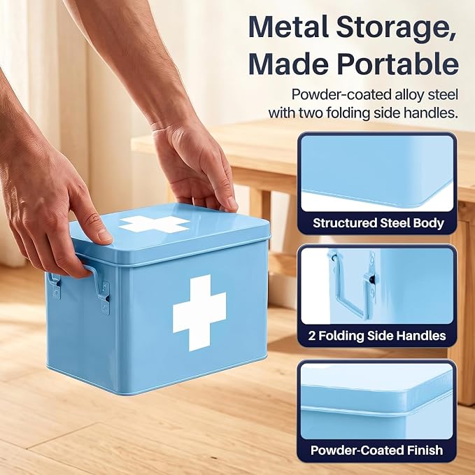 Flexzion Large Metal First Aid Box Empty, 8.5-Inch, Blue with White Cross | Vintage Medicine Box and First Aid Storage Organizer with Removable Tray and Dividers; Empty Box Only, Supplies Not Included