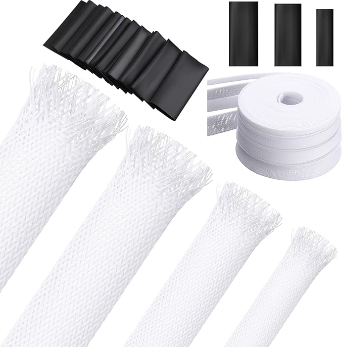 Tatuo 65.6 ft Braided Cable Sleeve Expandable Wire Sheathing(White) | with 120 Heat Shrink Tubing 1/4 in 2/5 in 1/2 in 3/4 in Wire Sleeve Cord Management for Television Audio Computer Video Pets