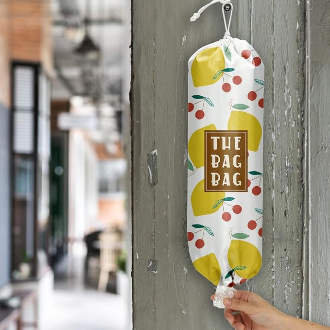 Plastic Bag Holder,Reusable And Washable Country Style Grocery Bag organizer,For Home Kitchen Travelling Camping Decor, use 1 Pack,lemon And Cherry Pattern
