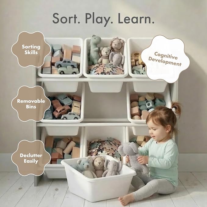 Humble Crew Kids Toy Organizer with 9 Bins, 3 Tier Storage for Playroom | Sturdy wood and steel toddler shelf, removable BPA-free containers, wall anchor anti-tip safety kit for bedroom or classroom