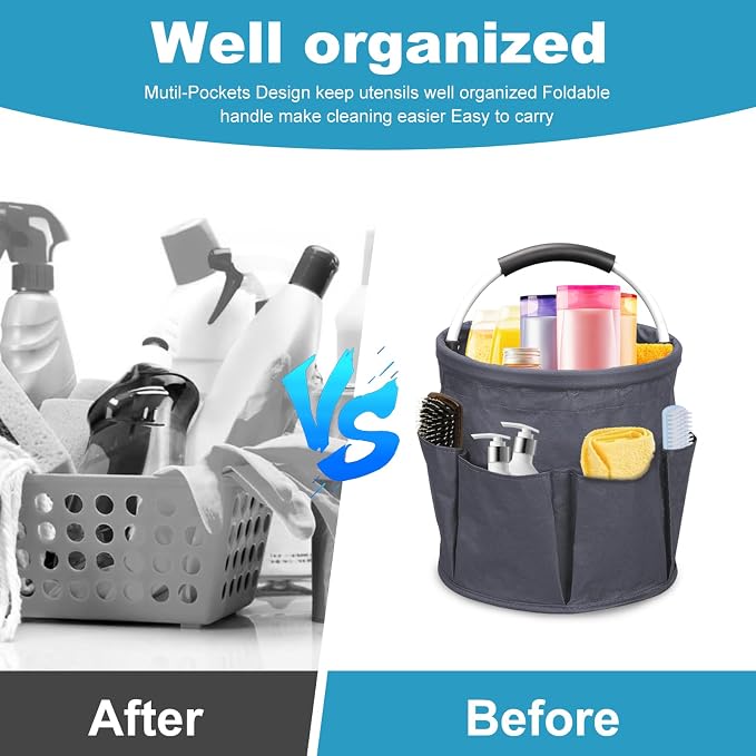 17L Portable Cleaning Bucket Organiser, 6 Pockets Foldable Cleaning Caddy with Handle Wearable Cleaning Caddy Bag for Outdoor Camping Garden Harvest Basket Home Bathroom Storage (Dark Gray)