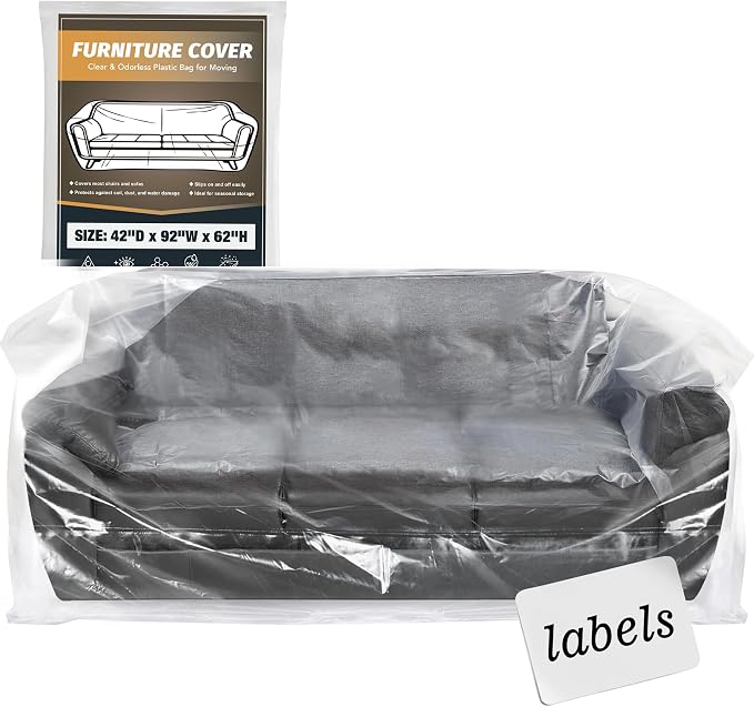 Clear Plastic Moving Sofa Couch Furniture Storage Covers | Extra Large 92x 62 x 42 Inch Moving Bags, With Label, Waterproof, Dust Proof