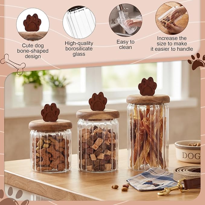 3 Pcs Glass Dog Treat Container, Dog Cookie Jar with Wooden Lid | 3 Sizes, Airtight Pet Treat Storage Container, for Kitchen Counter, Treats Canister, Doggie Cookie, Pets, Stripe Paw