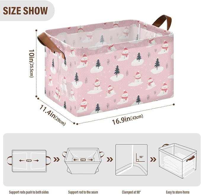 Pink and White Christmas Snowman Storage Bins for Shelves with Labels&Handles Fabric Organizer Bin Foldable Rectangle Storage Basket Boxes for Closet, Bathroom, Home, Living Room