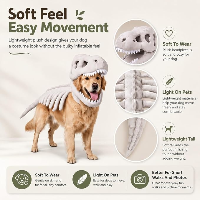 Pet Dinosaur Costume Spinosaurus Skeleton Skull Mask Plush Spine Large Dogs | Soft Lightweight Headpiece with Raised Back Ridge and Tail Suited to Halloween Cosplay Parties Photos Birthdays Large Breeds