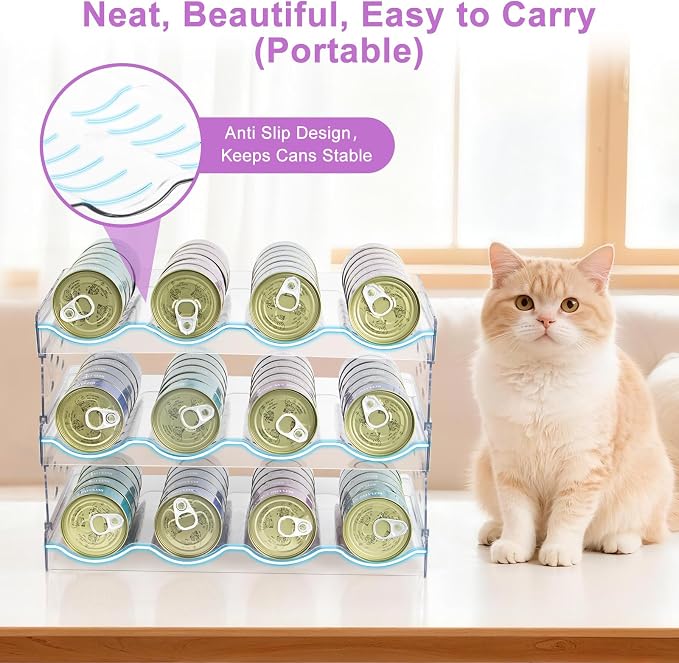 REFLYING Cat Food Can Organizer 3-Tier Holds 72 Cans Acrylic | Clear acrylic 3-tier cat food can organizer,Holds 72 cans 3oz-12.5oz,Stackable pantry storage for multi-cat households