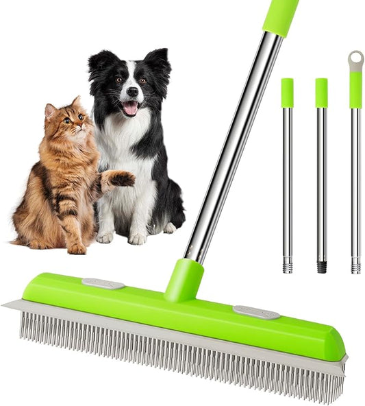 Pet Hair Removal Rubber Broom, Carpet rake with Squeegee for Cleaning Pet Hair, 52 inch Long Handle Rubber Broom,Dual-Sided for Fluff Carpet, Hardwood Floor, Tile,Green
