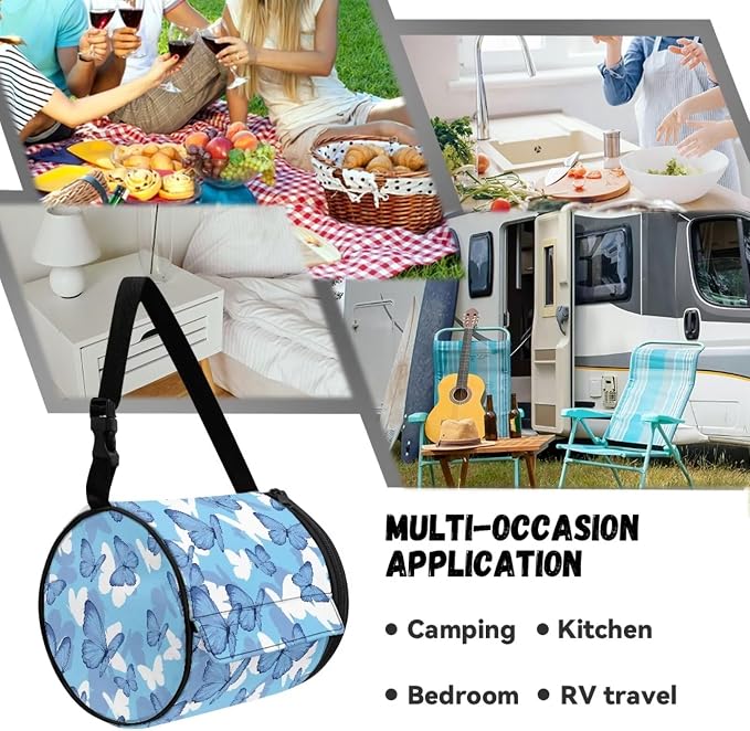 Blue Butterfly Hanging Paper Towel Roll Holder with Adjustable Strap Water Resistant Toilet Tissue Roll Dispenser Handy Toilet Paper Cover Storage Holder