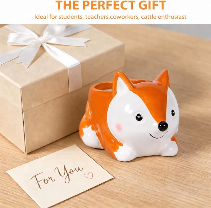 Ceramic Fox Shaped Pen Pencil Holder for Desk Decoration Accessories Fox Decor Makeup Brush Pen Cups Office School Ideal Gifts for Women, Mom or Birthdays