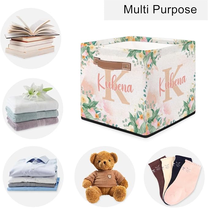 Personalized Name-Initial Pink Flower Storage Baskets for Girls Women, Custom Portable Square Storage Bins with Handles Foldable Organizer for Clothes, Toys, Blanket, Towel,Pet 13”