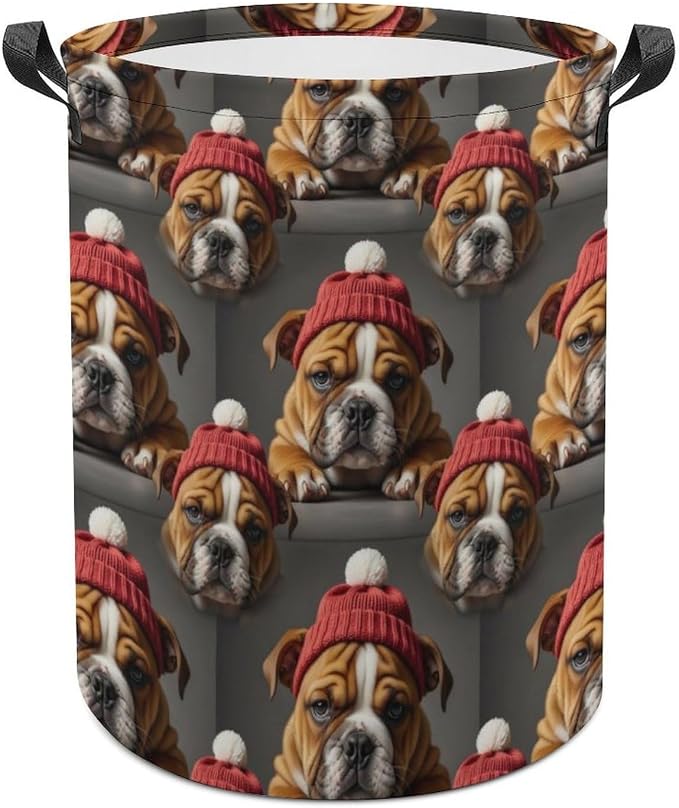 Portable Collapsible Hamper English Bulldog Puppy Dog, Waterproof Laundry Basket with Handles for Bedroom, Bathroom, and Toy Storage
