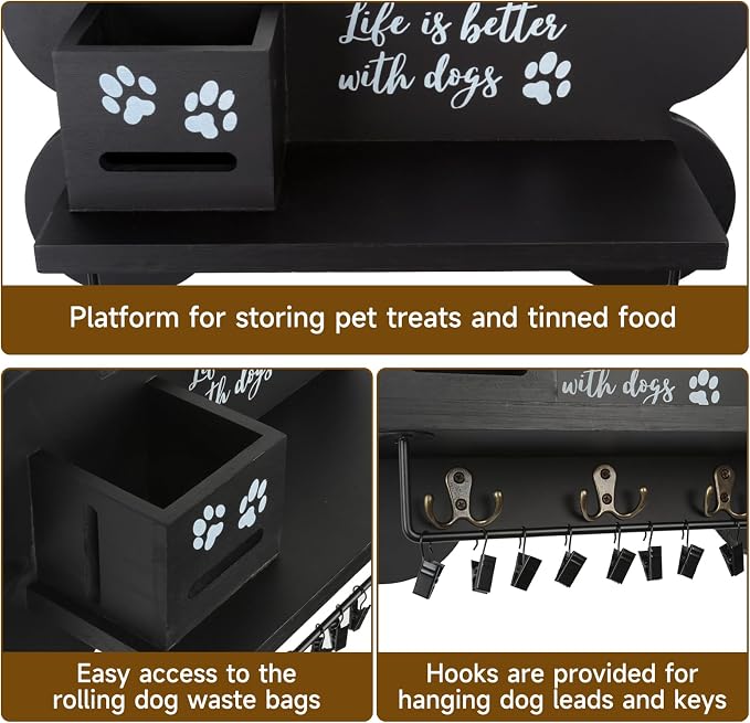 Wood Dog Leash Holder for Wall, Black Bone Hook for Entryway | 3 double hanging points, 11 mini clips, built-in pet waste bag cavity, quick wall installation