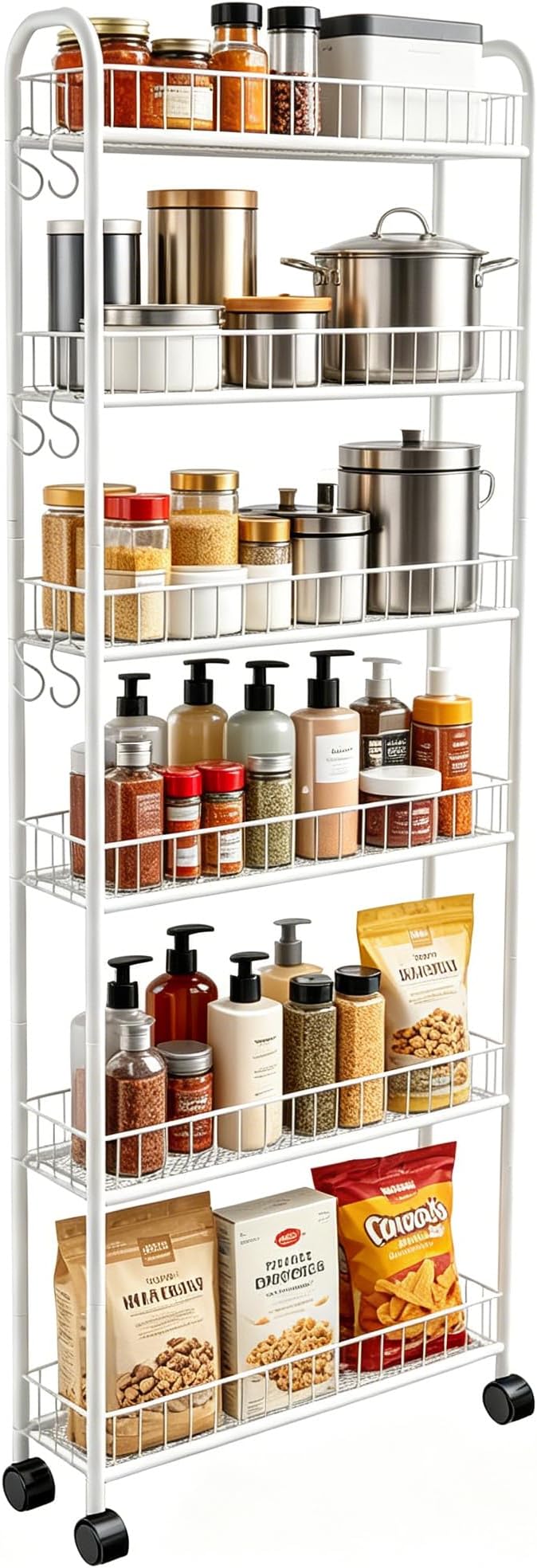 Slim Rolling Storage Cart with Wheels, 6in 6 Tier White | Narrow Space Shelving Unit, Metal Wire Mobile Organizer Rack for Kitchen Bathroom Office Laundry