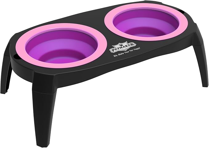 Elevated Cat and Dog Food Bowls with Non-Slip Stand - Removable and Collapsible Silicone Feeder for Food and Water - 16-Ounces Each by PETMAKER (Pink)