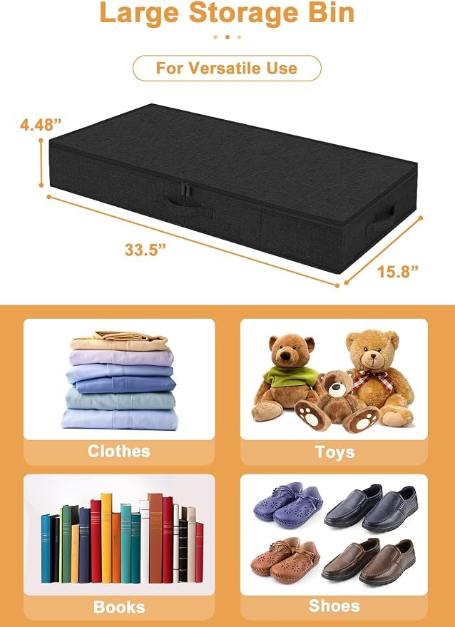 punemi 4.5 in Tall Low Profile Under Bed Storage Containers, 2 Pack, Black | Structured Clothes Organizer Bin with Reinforced Sides & Bottom, Shallow Design for Dorm, Couch, Crib & Closet Storage