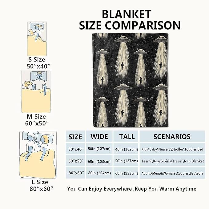 Alien & UFO Blanket Space Throw Blankets with Mysteriou Silhouette & Spaceship,Birthday Gifts for Kids Adult & Sci-Fi Lovers,Lightweight Soft Fleece,for Sofa Couch Bed Room Decor 50x60in