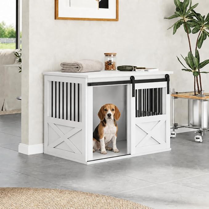 36" Wooden Dog Crate Furniture,Big Kennel Pet Cage End Table for Indoor | for Large Medium Dogs, White, Fits Living Room Bedroom, Heavy Duty Steel Frame,Sliding Barn Door,60 lbs Cap, 100 lbs Top.
