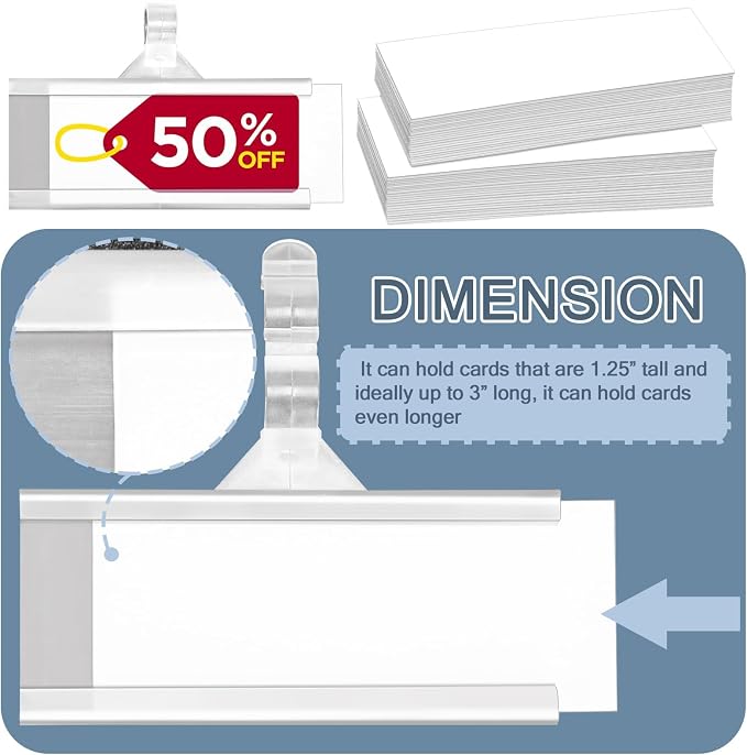 50 Pack Wire Shelf Label Holders, Reusable Price Card Display Clips (3" x 1.34") | Secure Snap Clip Design, Reusable Plastic Holder, Fits Wire Shelves For Price Tags, UPC Labels, Inventory and Product Display