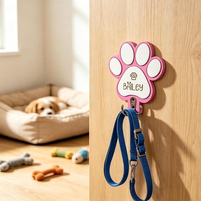 Personalized Dog Leash Hanger, Custom Engraved Name Wood Paw Print Leash Hook, Decorative Entryway Key Rack Harness Collar Organizer Pet Supplies Gift
