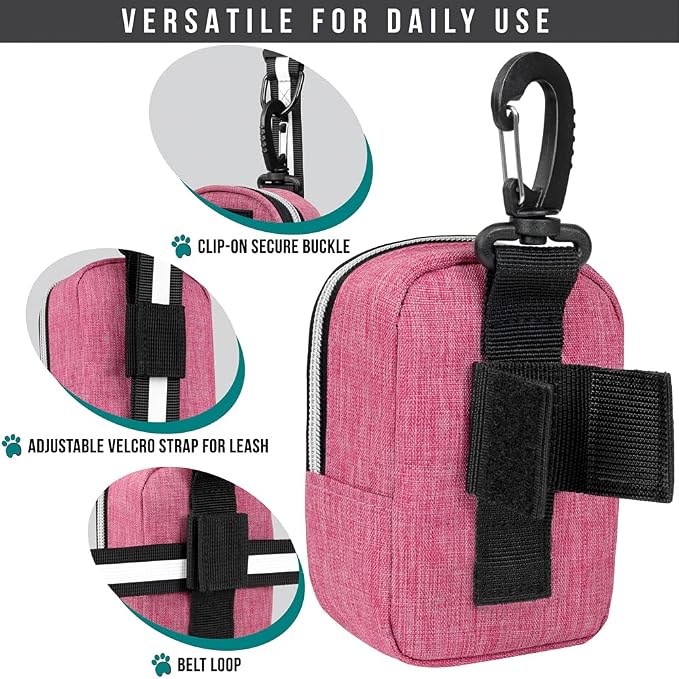 PetAmi Dog Poop Bag Holder for Leash, Waste Bag Dispenser Pet Pouch, Pink | Doggy Puppy Walking Accessories Travel Camping, Dog Treat Pouch Supplies Must Have, Doggie Poo, Jogging, Walks