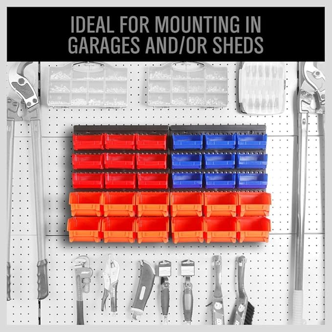 HORUSDY Wall Mounted Storage Bins Parts Rack 30PC Organizer Garage Plastic Shop Tool for Men's Gift, Blue,Orange,Red