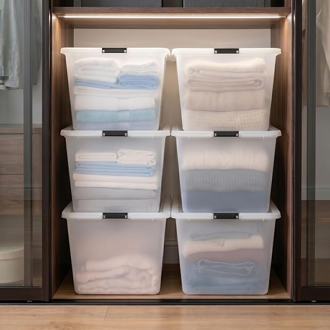 IRIS USA 6-Pack 55 Quart Clip Box with Latching Lid | Latching lid secures office and household supplies. Stackable, nestable design maximizes storage space