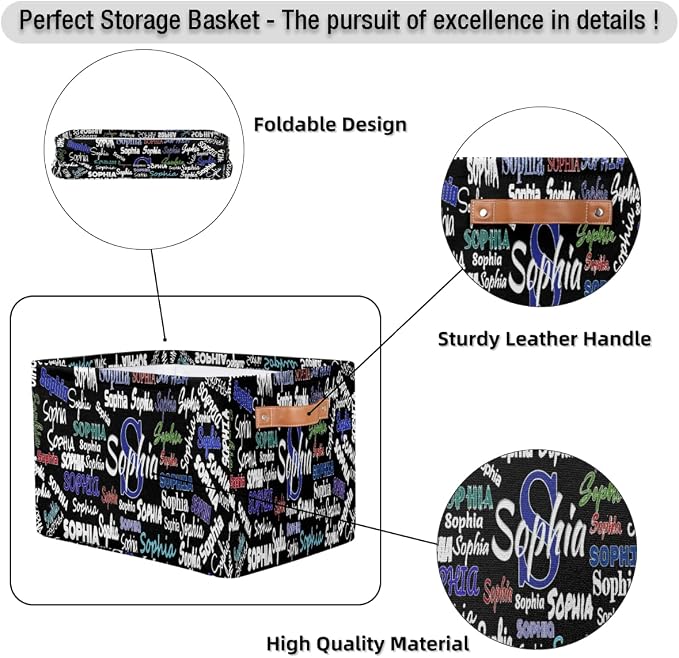 Custom Storage Basket, Personalized Name Rectangle Organizer Bin for Pet/Children Toys, Books, Clothes, Perfect for Rooms/Playroom, Solid Black Color