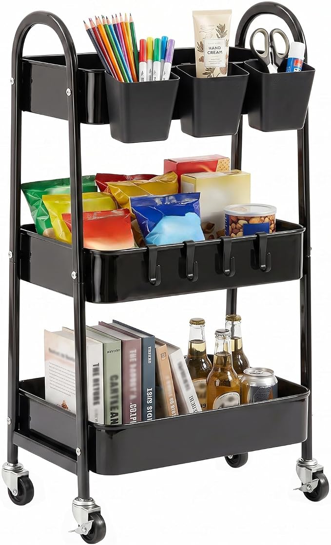 danpinera 3-Tier Rolling Cart, Utility Cart Mobile Metal Rolling Storage Cart with Lockable Wheels & Hanging Cups & Hooks for Kitchen, Bathroom, Office, Workshop, Black