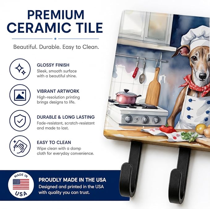 Caroline's Treasures Greyhound The Chef Leash or Key Holder Wall Hooks, Key Hooks Holder, Coat Rack Wall Mount, Coat Hooks, Hooks for Hanging Keys, Towels, Aprons, Leashes | Greyhound The Chef artwork on ceramic tile with three steel hooks for keys, le...