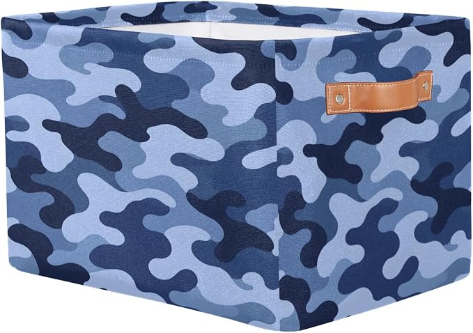 Pardick Camo Basket Storage Bins Rectangle Canvas Basket Cube Storage Box | Nursery Foldable Basket with Handle for Kids Girls Boys Toys Living Room Closet Organizer Shelf Gifts Camouflage Blue