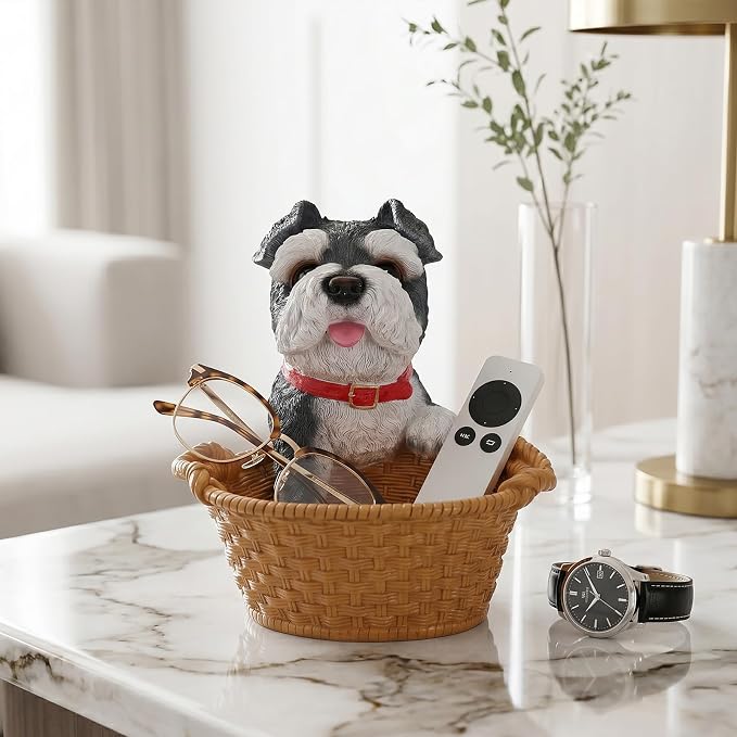 Cute Schnauzer Candy Bowl, Resin Dog Figurine Key Bowl for Entryway Table, Desktop Storage Basket Organizer for Desk, Unique Dog Lover Gift
